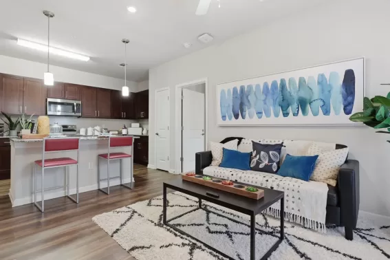 Apartment living room with seating and coffee table