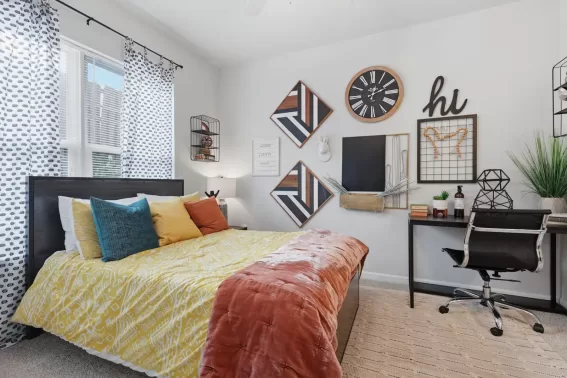 Apartment bedroom with furniture and decor